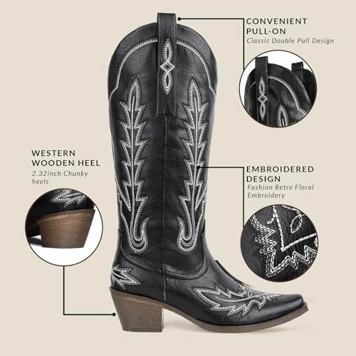 Image of mikarka Cowboy Boots for Women Black Cowgirl Boots Western Knee High Black Boots for Women Pull On Tall Long Cowboy Boots Size 7