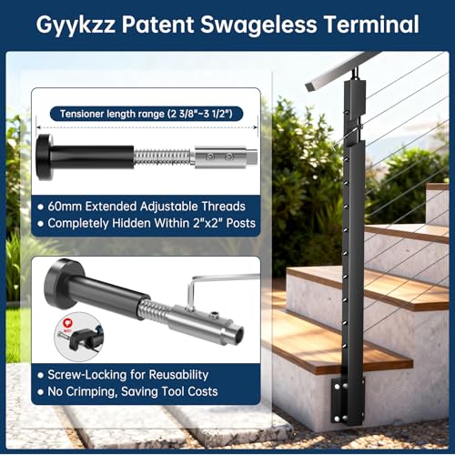 Image of 4-12FT Swageless Side Mount Stair Cable Railing Post for 28-38 Degrees Stair, Left Side Railing System 3 Stair Post, 141FT Cable, 22 Patent Terminal, Fascia Mount Post Kit for 36 inch /42 inch Railing