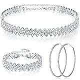 3 Pieces Women Rhinestone Jewelry Set Rhinestone Choker Necklace Crystal Bracelet Crystal Big Hoop Earrings for Wedding Bridal Party (Stylish 3 Row)