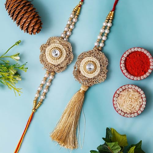 Image of eCraftIndia Boy's Golden & White Beads, Pearl, Diamond Designer Bhaiya Bhabhi Rakhis With Roli Chawal