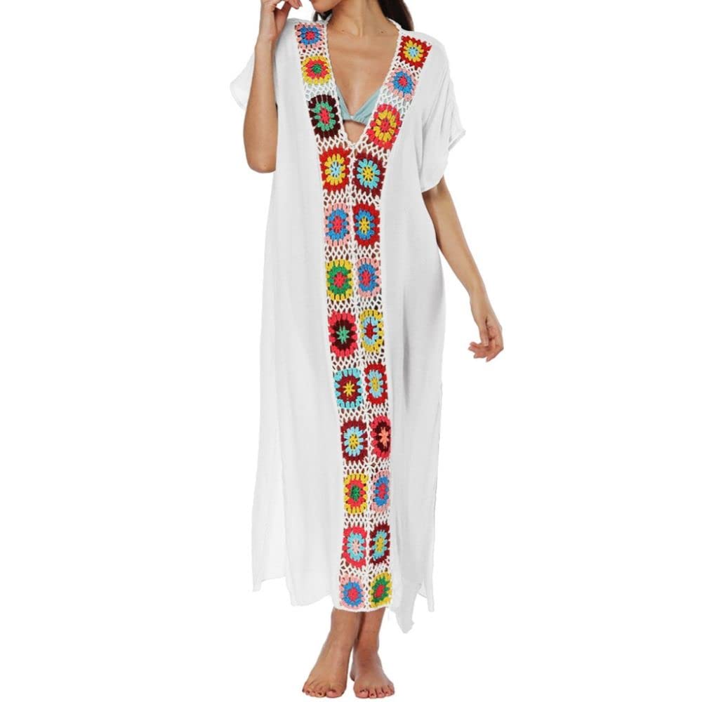 Abiti Eleganti Donna,Abiti Da Spiaggia Da Donna Boho Fatti A Mano All'Uncinetto Splicing Con Scollo A V Costumi Da Bagno Bikini Cover Ups Sexy Vedere Attraverso Spacco Laterale Abito Caftano Plus Si