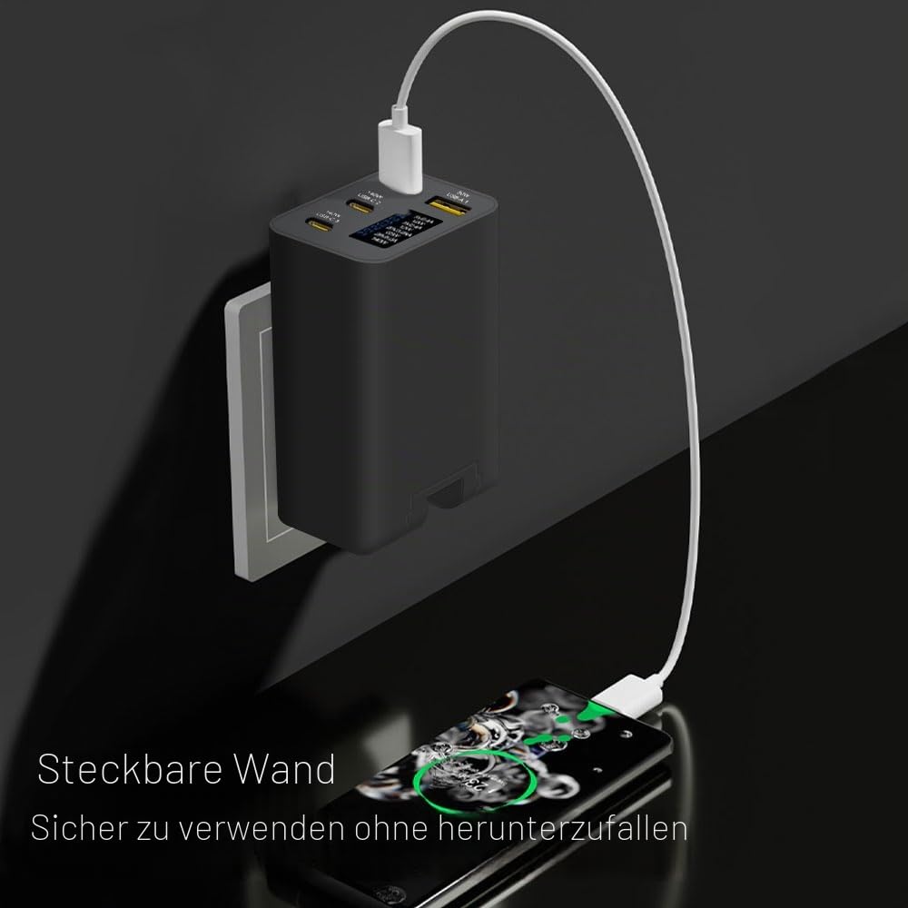 Gan Ladegerät 280 W mit OLED-Display, 4-Port GaN Typ-C Adapter mit 3 USB C+1USB-A,PD 140 W Schnellladegerät,Universal-Ladegerät für Europa,USA,Australien und Großbritannien（schwarz）