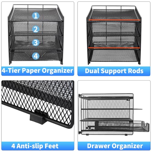 Image of OPNICE Desk Organizer, 4-Tier Desktop File Organizer with Drawer, Office Desk Accessories, File Sorters, Workspace Organizers for Office Supplies(Black Upgraded)