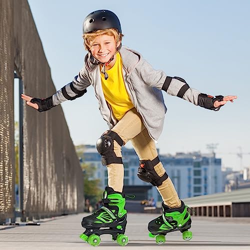 Image of Dikashi Roller Skates for Boys Ages 6-12 with Light Up Wheels, 4 Size Covering Ages 3-5 & 6-12 | Adjustable Blue Boys Quad Skates Indoor Outdoor Rollerskates for Kids Boy Beginners