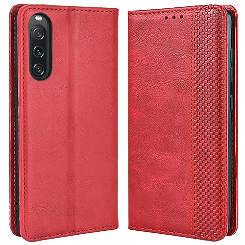 MOJIA Coque pour Sony Xperia 10 V, Étui en Cuir, PU Housse Pochette Antichoc et Anti-Rayures Fonction Stand Rabat de Portefeuille Etui Coque. Rouge