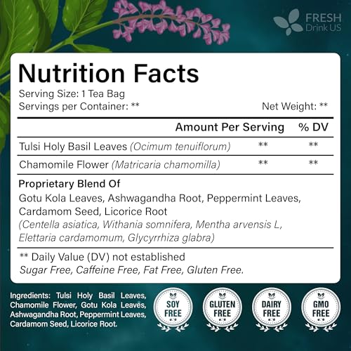 Image of FreshDrinkUS, Tulsi Sleep Tea Bags | 75 Tea Bags | Herbal Blend with Tulsi Holy Basil, Chamomile, Gotu Kola, Ashwagandha & Peppermint | Naturally Caffeine-Free, Relaxing Evening Herbal Tea. Vegan