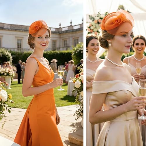 Image of DRESHOW Fascinator Hats for Women Cocktail Tea Party Hat Netted Pillbox Hat Vintage Derby Hats for Bridal Wedding