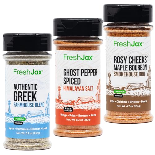Zesty Sweet & Spicy Seasoning Trio: FreshJax Greek Farmhouse Blend, Ghost Pepper Himalayan Pink Salt, and Rosy Cheeks Maple Bourbon BBQ Bundle – Premium Vegan Spice Set and Hot Barbecue Cooking Pack image 5