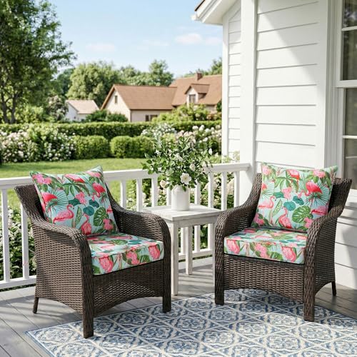 Image of UNIKOME 24 inchx24 inchx4 inch Outdoor Chair Cushions Set - Waterproof Patio Cushions for Outdoor Furniture with Removable Cover, Ties & Handle, Deep Seat Patio Cushions for Sofa Couch - Flamingos