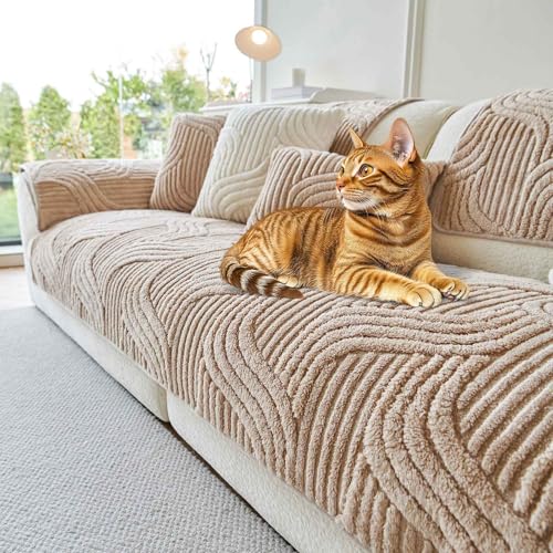 OTOB All Season Couch Cover for Dogs Washable Non Slip Fuzzy Plush Pet Couch Covers Cat Kids Pet Friendly Soft Armrest Sofa Slipcovers Furniture Protector 1 Piece (Coffee 27.6x27.6)