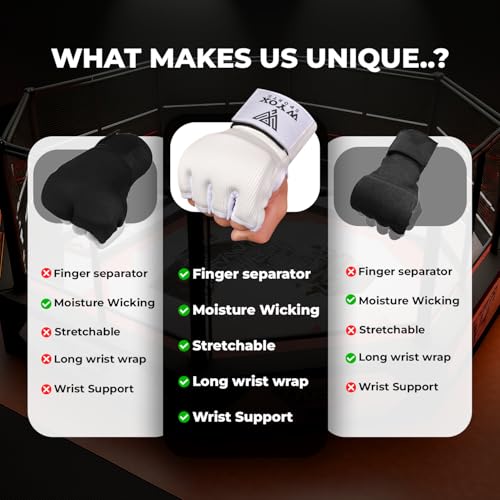 Image of WYOX Gel Boxing Hand Wraps Inner Gloves for Men & Women - 80cm /31inch Quick Wrist Strap, Padded Knuckle Support, Fingerless MMA Muay Thai Kickboxing Wraps for Training, Punching & Martial Arts