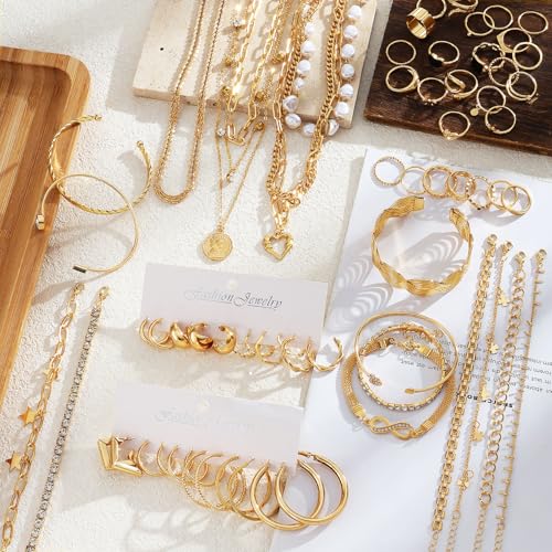 17IF 38-59 Pcs(9-8 Pack) Gold Plated Jewelry Set for Women With 8 Necklace 12 Bracelet 27 Ring 12 Pair Earring Hoop Simple Sparkle for Happy2