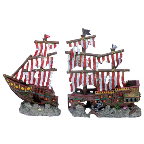 Image of Penn-Plax Deco-Replicas Striped Sail Shipwreck Aquarium Decoration - Safe for Freshwater and Saltwater Fish Tanks - Large - 2 Pieces