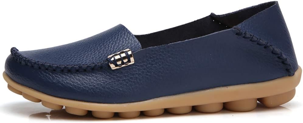 FolHaoth Women's Comfortable Leather Loafers Slip On Flats Casual Round Toe Moccasins Wild Walking Nurse Breathable Driving Fashion Soft Shoes 9 Deep Bule image 2 of 3 B08C75HS6S