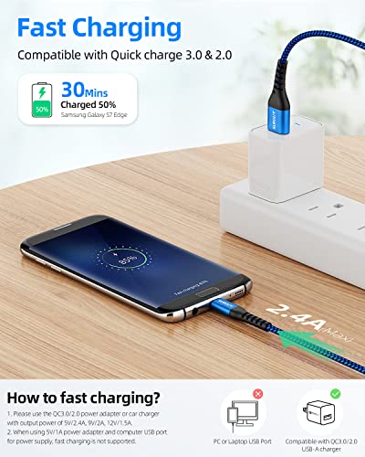 Image of SUNGUY Short Micro USB Cable 1FT[3Pack], 18W USB to Micro USB Cable Fast Charging USB 2.0 Data Sync Nylon Braided for Samsung Galaxy S7 Edge S6, Power Bank, Android Phone, PS4 Blue