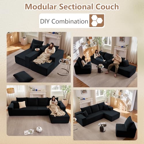 Image of 134.5 inch Modular Sectional Sofa, Modern Corduroy Cloud Couch with Deep Seat, Boneless Couch Upholstered 4-Seater L-Shaped Sofa for Living Room, No Assembly Required (Black, Right-Facing Chaise)