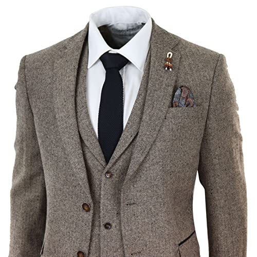 Mens Oak 3 Piece Tweed Suit Herringbone Wool Vintage Retro Fit2