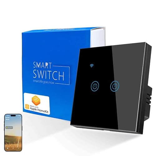 Naigebrol Apple homekit Smart WiFi Light Switch – Need Neutral Wire Required, HomeKit Compatible, Glass Touch Panel, Modern Design, 1/2/3 Gang, UK Standard, Flame Retardant (2Gang, Black)