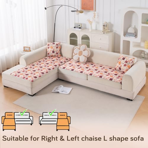 Image of HOKIPO 'Nature Muse' Premium HD Printed Holland Velvet L Shape (2+2 Seater) Sofa Cover Seat Mat, Autumn Maple (IN-915-D1 + IN-916-D1)