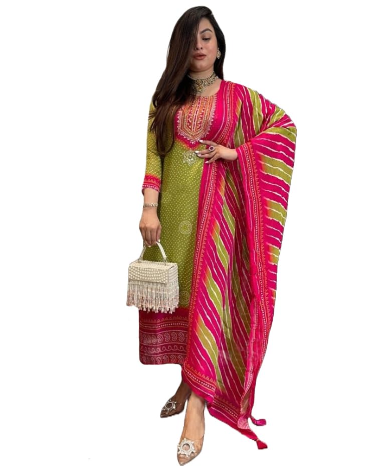 Image of GoSriKi Women's Viscose Straight Kurta Set with Pant & Dupatta | Bandhej Printed Suit Set | Ethnic Festive Dress