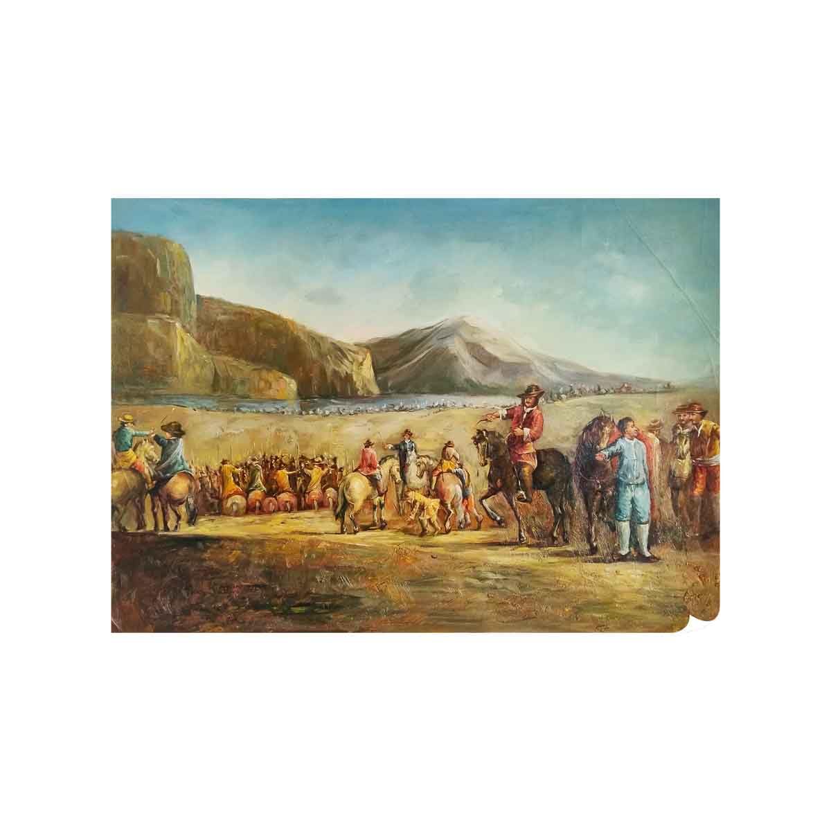 MORANA Ręcznie malowany obraz olejny na płótnie 70 x 50 cm scena historyczna zjazd Rycerze górski krajobraz klasyczny obraz figurka do salonu studio kolekcja sztuki Made in Italy