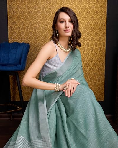 Image of SWORNOF Women's Linen Cotton Silk Saree with Unstitched Blouse Piece | Saree for Women | Saree with Blouse Piece | Soft and Skin Friendly