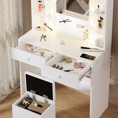 Image of Haewon Makeup Vanity Desk with Lighted Mirror and Chair Set, White
