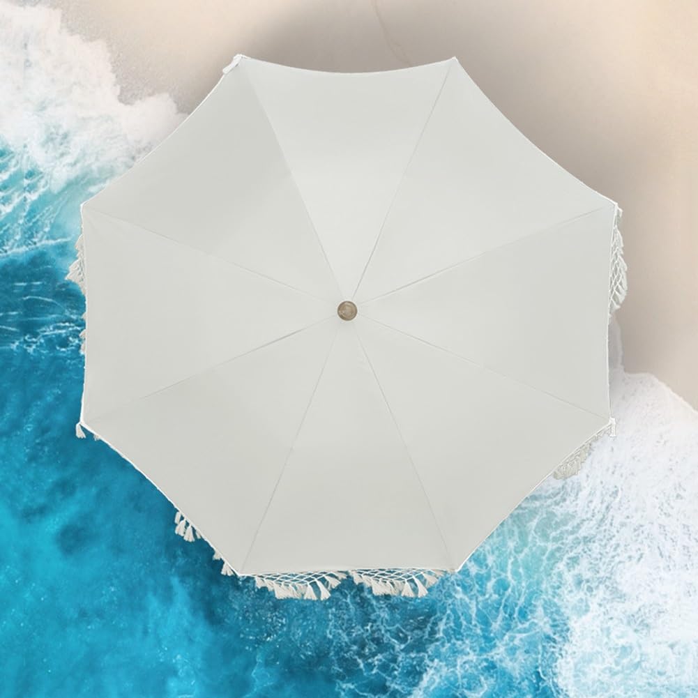 Ombrellone da spiaggia con frange da 200 cm/6,5 piedi, inclinazione regolabile, protezione solare UPF50+, stecche in fibra di vetro antivento.
