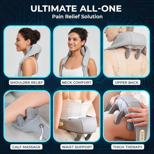 Image of 6D Neck & Back Massager with Heat | Wearable Electric Deep Tissue Massager for Neck, Shoulder, Back, Waist & Legs | 4D Shiatsu Kneading, 6 Massage Heads, 5 Modes & 3 Speeds | Cordless, Rechargeable, Pain Relief & Relaxation Therapy (Grey)