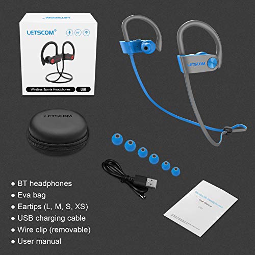 LETSCOM Bluetooth Headphones V5.0 IPX7 Waterproof, Wireless Sport Earphones, HiFi Bass Stereo Sweatproof Earbuds W/Mic, Noise Cancelling Headset for Workout, Running, Gym, 8 Hours Play time
