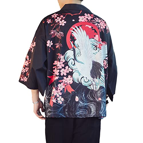 PRIJOUHE Men's Lightweight Kimono Jacket Seven Sleeve Open Front Cardigan Coat Japanese Style Bathrobe2
