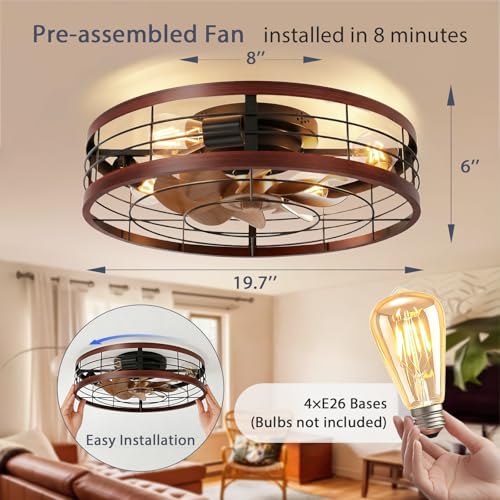 Image of VOLISUN Farmhouse Caged Ceiling Fans with Lights Flush Mount, 19.7'' Rustic Low Profile Ceiling Fan with Light and Remote, Bladeless Fandelier Ceiling Fans with Lights for Kitchen, Bedroom(Wood)