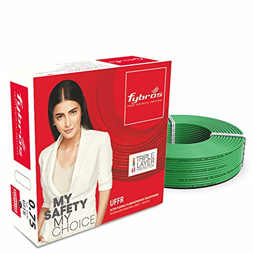 Image of Fybros by Kundan Cab ULTRA FLEXIBLE FR PVC Insulated 0.75 Sq Mm Wire | UFFR Green Copper Wires & Cables| Cables For wiring | 0.75 Sq Mm Green wire 90 meter| Industrial Wire Cable| Electrical Wire