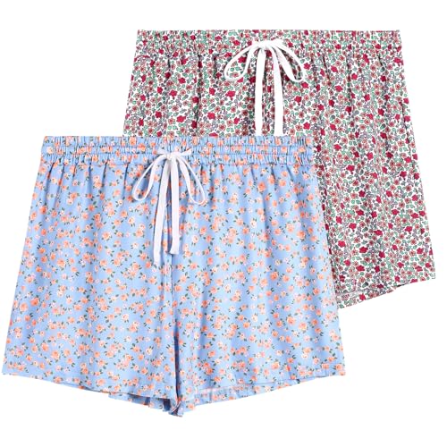 Image of 2 Pack Pajama Shorts for Women Cotton Sleep Shorts Casual Lounge Pants Drawstring Pj Bottoms