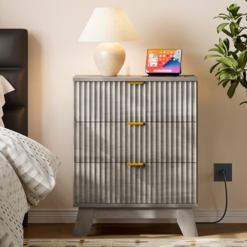 Image of BORNOON 30.5 inch Nightstand with Charging Station, 3-Drawer Fluted Bedroom Chest, Wood Bedside Dresser with Power Outlets and USB Ports, Metal Slides, Stable Base, Modern Storage Cabinet for Small Spaces