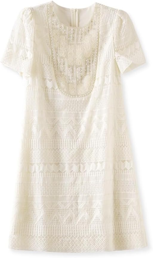 JSEIAJB Nail Diamond Round Neck Embroidered Patchwork Loose Flesh Covering and Slimming Dress for Women(L) Beige