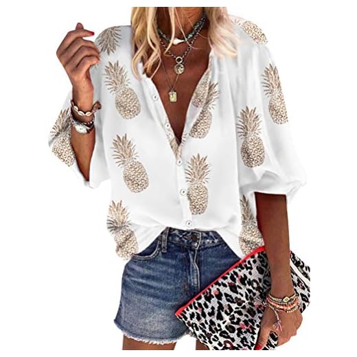 ZXZY Women Pineapple Printed Lapel Collar Half Sleeves Buttons Down Blouse Shirt White