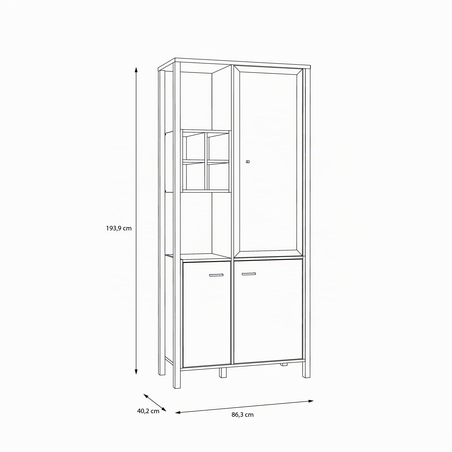 Forte HIGH Rock Vitrine 90, Vitrine mit 2 Türen und 1 Glastür, Standvitrine, Industrial Stil Vitrine, Holzwerkstoff, Riviera Eiche Holzdekor/Schwarz, 86,3 cm breit x 193,9 cm hoch x 40,2 cm tief