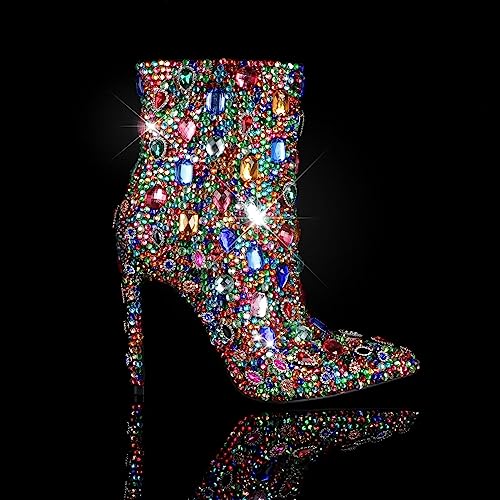 Women's Rhinestone High Heel Boots，Glitter Side Zipper Ankle Boots Sparkly Cowgirl Pointed Toe Stiletto Heel Party Prom Boots4