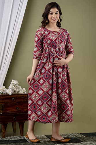 Image of JAIPURFAME Maternity Feeding Kurti with Zipper | Cotton Floral Printed Pregnancy & Nursing Dress | Comfortable & Stylish Maternity Wear for Women | Breastfeeding Kurta with Zipper | Soft & Elegant
