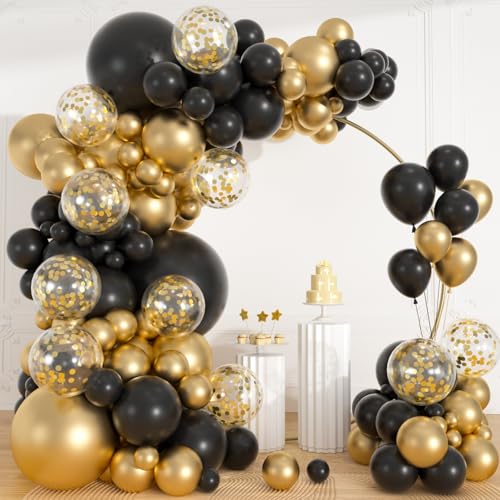 113pcs Black and Gold Balloon Garland Arch Kit 18 12 10 5 Inch Black Metallic Gold Confetti Latex Balloons for 2026 Graduation Decorations Class of 2026 Men Birthday Prom Retirement Party Supplies