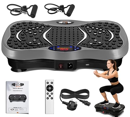 FK Sports Vibration Plate Exercise Machine - Vibration Fitness Trainer with 99 Intensity Levels, 5 Programs & 2 Resistance Bands - For Whole Body Workout - CE Certified (Grey)