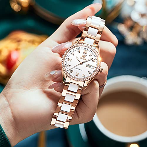 Image of OLEVS Automatic Watch for Men Self Winding Mechanical Calendar Waterproof Watch Stainless Steel Dress Luminous Luxury Business Wrist Watches, White-6637, Modern