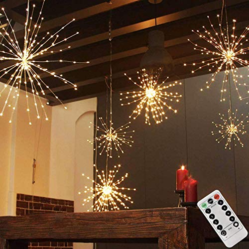 PXBNIUYA 200LED Hanging Sphere Lights, Battery Operated Starburst Lights, 8 Modes Dimmable Remote Control, Waterproof Copper Wire Fairy Light for Indoor Outdoor Christmas Decor (Warm White) by PXBNIUYA - Used condition - US$13.84