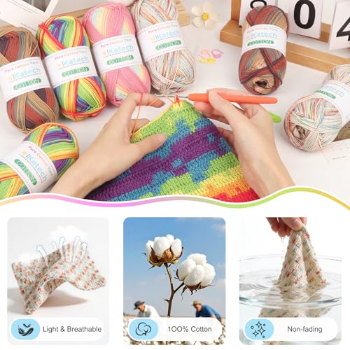 Image of Katech 1OO% Rainbow Cotton Yarn for Crocheting - 2 Sport Weight Baby Yarn for Knitting, 6 Pcs of 50g(1.76oz) /160m(175yd), Fine Soft Multicolor Yarns for Baby Blankets, Afghans, Shawls, Dress, Hats (C)
