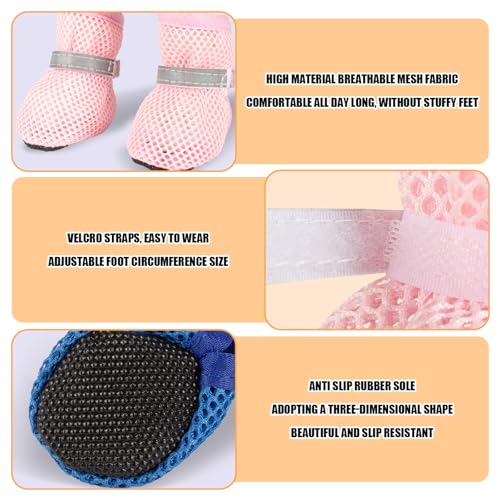 Sommer Mesh Hunde Schuhe, 4 Stück Atmungsaktive Pfotenschutz Hundeschuhe Anti-Rutsch Hundeschuhe für heiße Sommerböden, Sommer Verstellbarem Hundestiefel fürkleine Hunde (Blau, S)