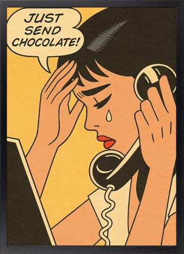 Fine Artic Cuadro Just Send Chocolate   Poster de Estilo Pop Art con Marco de madera Negro   Arte mural Retro decoración de Oficina o Dormitorio   Lámina enmarcada de Cómic