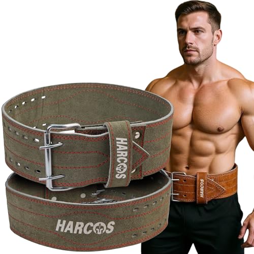 Image of Harcos Leather Weightlifting Gym Belt for Men & Women with Prone Buckle | Back Support Belt for Lifting, Squats, Deadlifts, Powerlifting & Strength Training | Adjustable Waist Workout Gym United states power lifting association & IPL Approved (Army-Green, S)