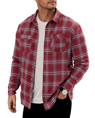 VOGSTART Men's Fashion Soft Button Shirt Winter Thick Jacket Flannel Warm Plaid Lined Fleece Button Shacket Red L