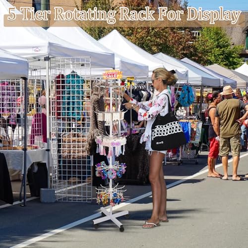 Image of 5-Tier Metal Spinning Display Stand Rack with Wheels, Keychain Jewelry Stocking Hat Display Stand, White